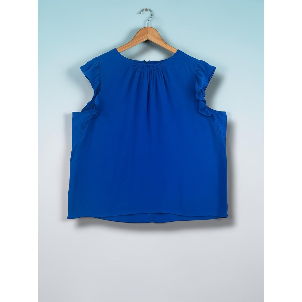 Loft‎ Ruffle Sleeve Pleated Neck Royal Blue Crepe Blouse Large